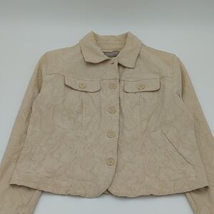 Croft & Barrow Jacket Blazer Tan Small Button Down Collar Cotton Embroidered